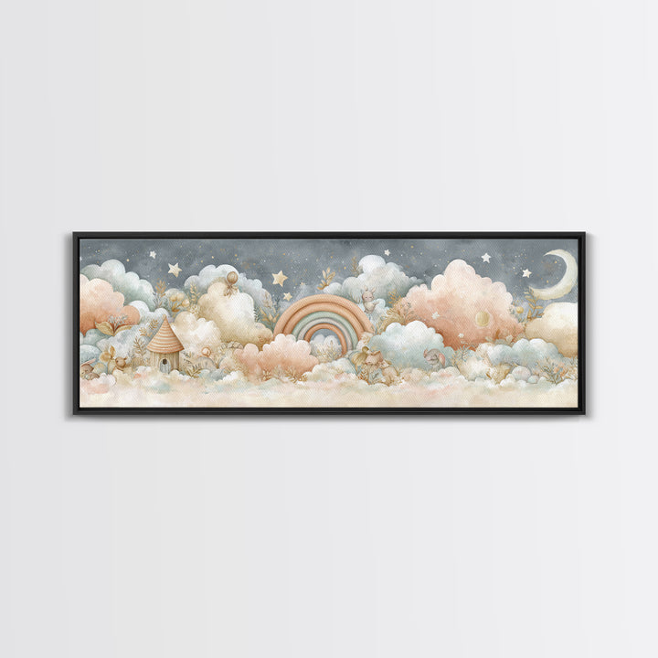 Cloud Rainbow and Raindrop Composition Framed Canvas Print, Nursery Decor, Nursery Name Sign, Fine Art, Nursery, Luxury Decor, NDE-3x1-12
