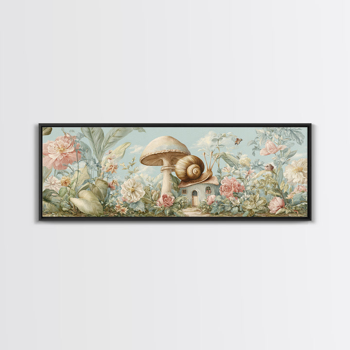 Garden Snail with Mushroom House Framed Canvas Print, Nursery Decor, Gallery Decor, Fine Art, Nursery, Wall Art, Home Decor, NDE-3x1-15
