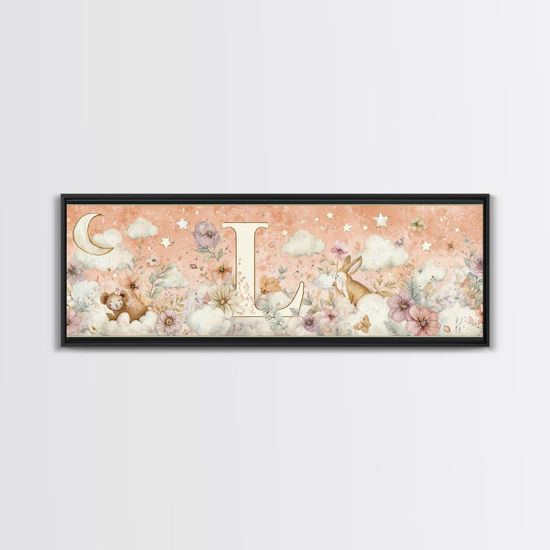 Soft Floral Initial Frame Without Letters Canvas Print, Nursery Decor, Woodland Nursery Decor, Nursery, Nursery Wall Decal, NDE-3x1-26