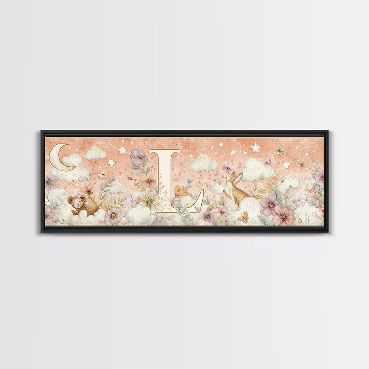 Soft Floral Initial Frame Without Letters Canvas Print, Nursery Decor, Woodland Nursery Decor, Nursery, Nursery Wall Decal, NDE-3x1-26