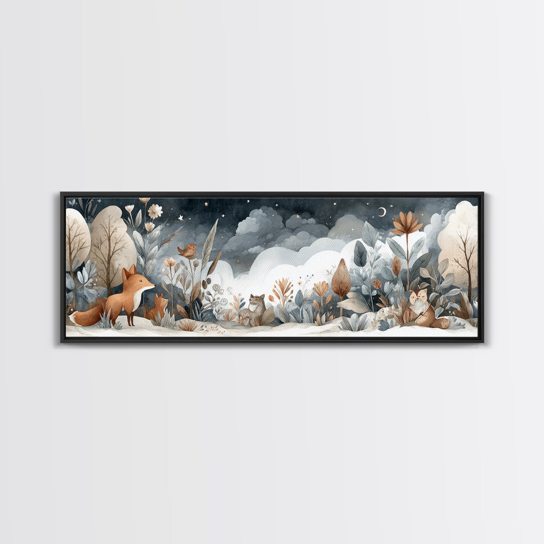 Fox and Owl Friends Canvas Print, Nursery Decor, Canvas, Fine Art, Nursery, Playroom Decor, Floral Wall Art, Botanical Wall Art, NDE-3x1-30