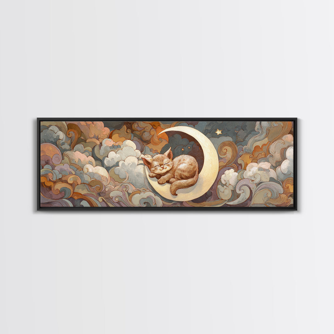 Sleeping Kitten on Crescent Moon Canvas Print, Nursery Decor, Wall Light, Fine Art, Nursery, Statement Artwork, Boho Decor, NDE-3x1-33