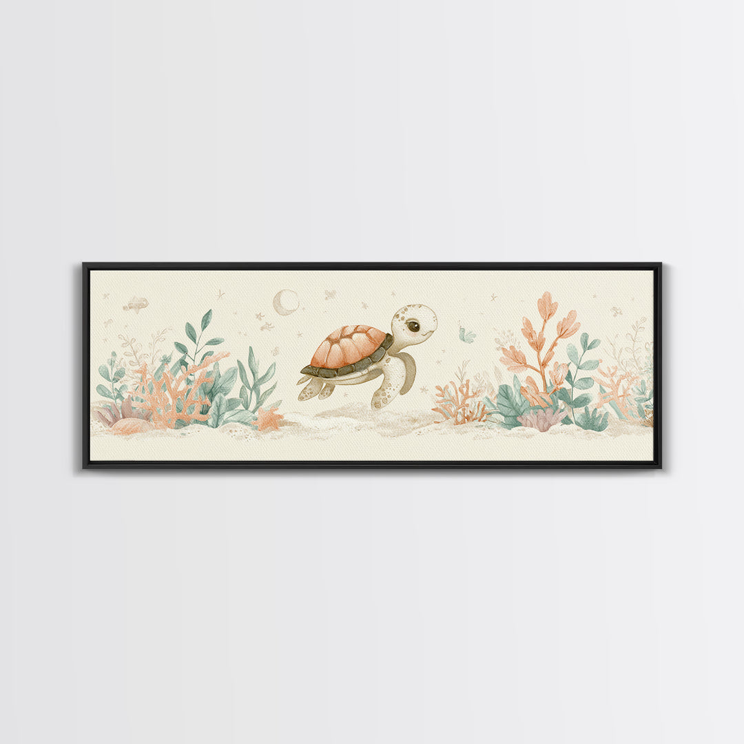 Tiny Turtle with Sea Plants Canvas Print, Nursery Decor, Minimalist Decor, Fine Art, Nursery, Wall Decals, Nursery Wall Decor, NDE-3x1-35