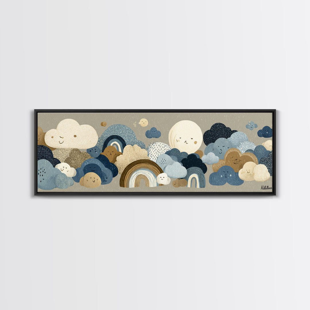 Cloud Rainbow and Raindrop Composition Canvas Print, Nursery Decor, Gallery Decor, Fine Art, Nursery, Wall Art, Home Decor, NDE-3x1-36
