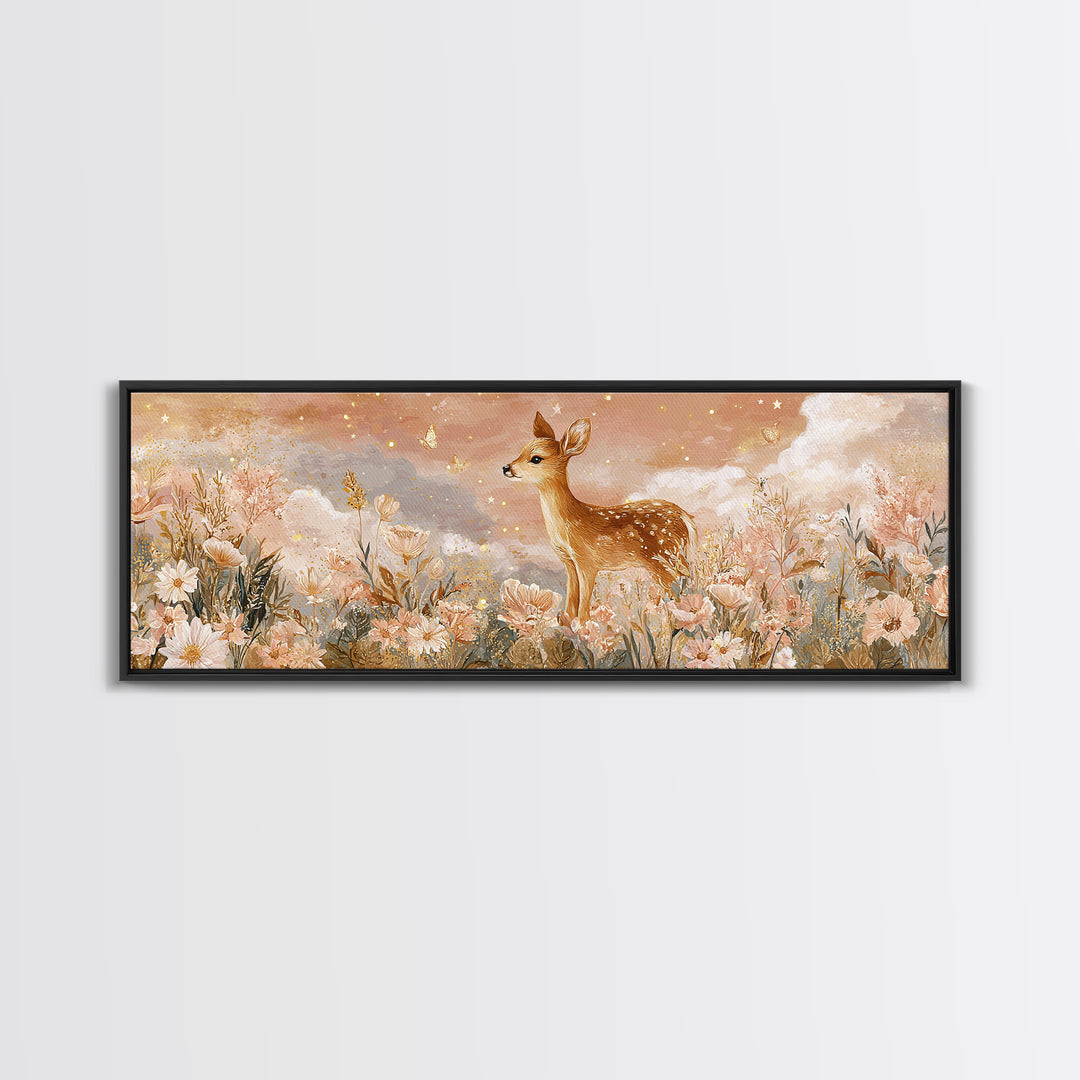 Baby Deer in Meadow with Fireflies Canvas Print, Nursery Decor, Nursery Wall Decor, Oil Painting, Nursery, Nursery Name Sign, NDE-3x1-38