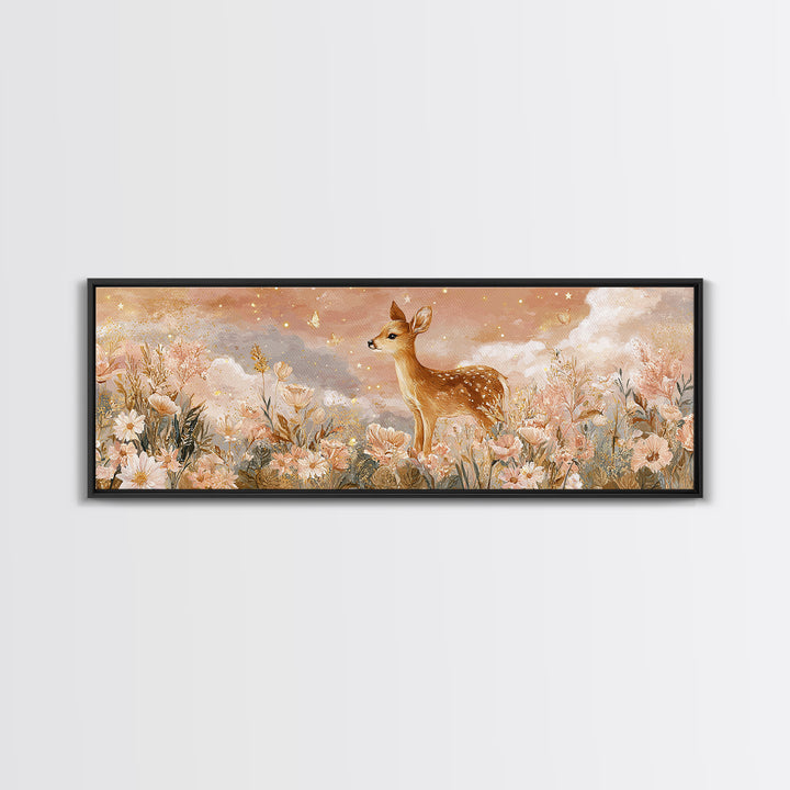 Baby Deer in Meadow with Fireflies Canvas Print, Nursery Decor, Nursery Wall Decor, Oil Painting, Nursery, Nursery Name Sign, NDE-3x1-38