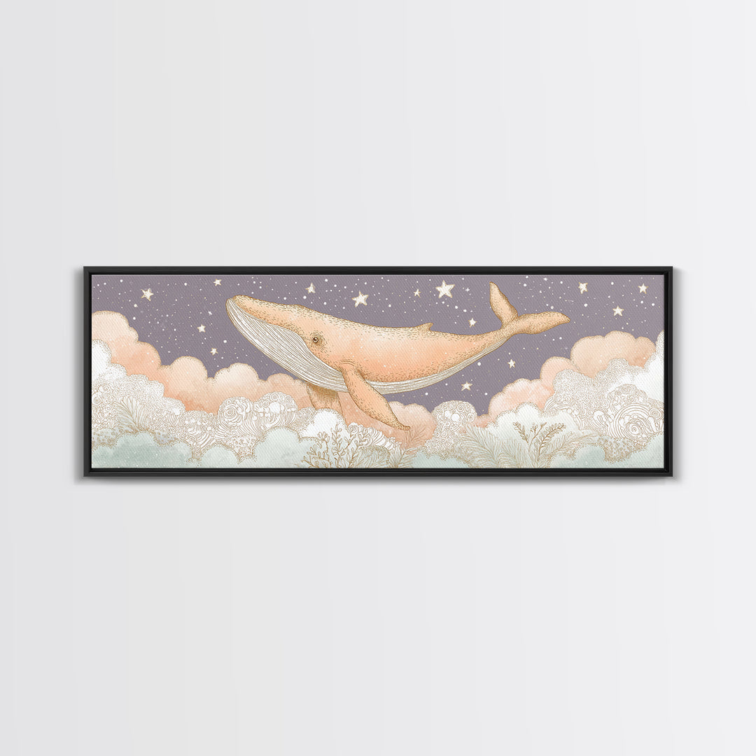 Baby Whale Swimming Through Stars Canvas Print, Nursery Decor, Textured Painting, Fine Art, Nursery, Bedroom Decor, Wall Decal, NDE-3x1-48