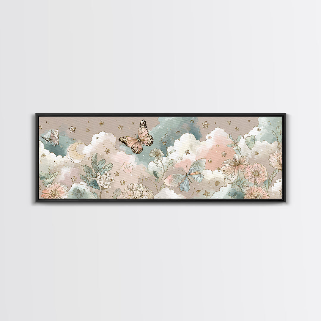 Pastel Butterfly and Wildflower Pattern Framed Canvas Print, Nursery Decor, Minimalist Decor, Oil Painting, Nursery, NDE-3x1-56