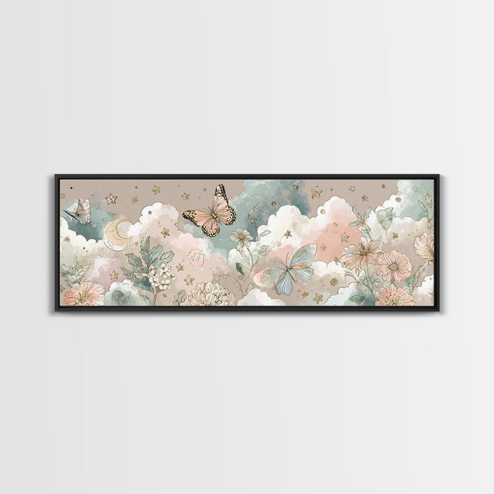 Pastel Butterfly and Wildflower Pattern Framed Canvas Print, Nursery Decor, Minimalist Decor, Oil Painting, Nursery, NDE-3x1-56