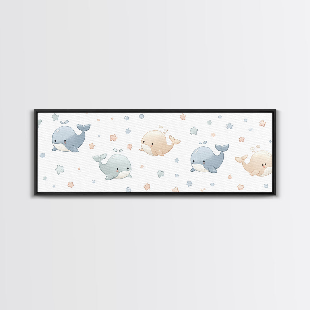 Baby Whale Swimming Through Stars Framed Canvas Print, Nursery Decor, Wall Decor, Fine Art, Nursery, Woodland Nursery Decor, NDE-3x1-72