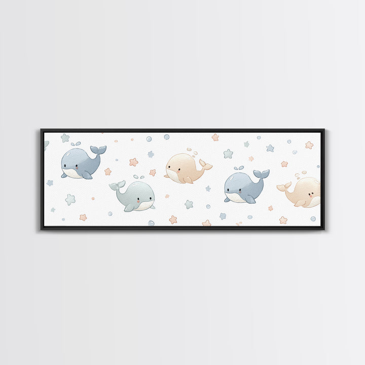 Baby Whale Swimming Through Stars Framed Canvas Print, Nursery Decor, Wall Decor, Fine Art, Nursery, Woodland Nursery Decor, NDE-3x1-72