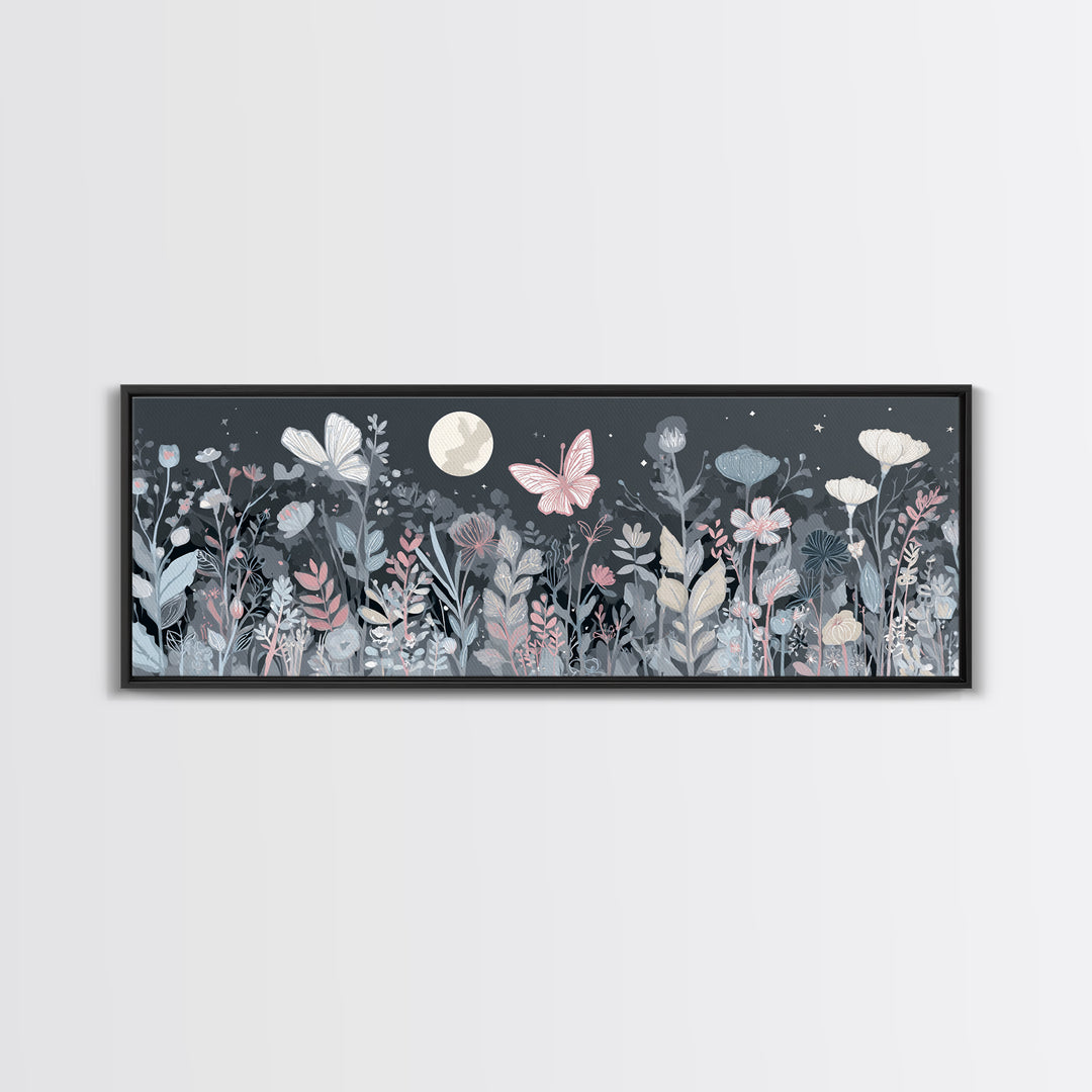 Pastel Butterfly and Wildflower Pattern Canvas Print, Nursery Decor, Watercolor Art, Nursery, Nursery Prints, NDE-3x1-80