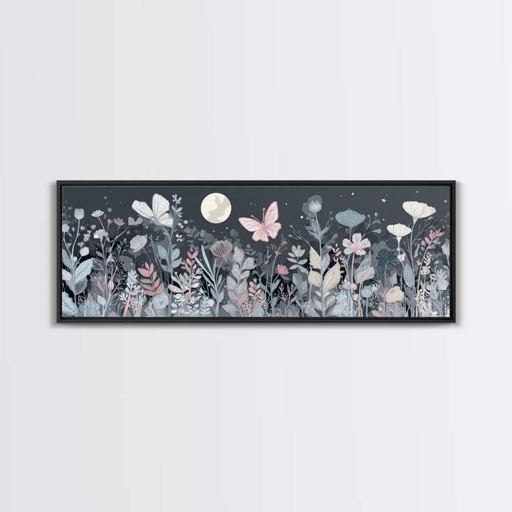 Pastel Butterfly and Wildflower Pattern Canvas Print, Nursery Decor, Watercolor Art, Nursery, Nursery Prints, NDE-3x1-80