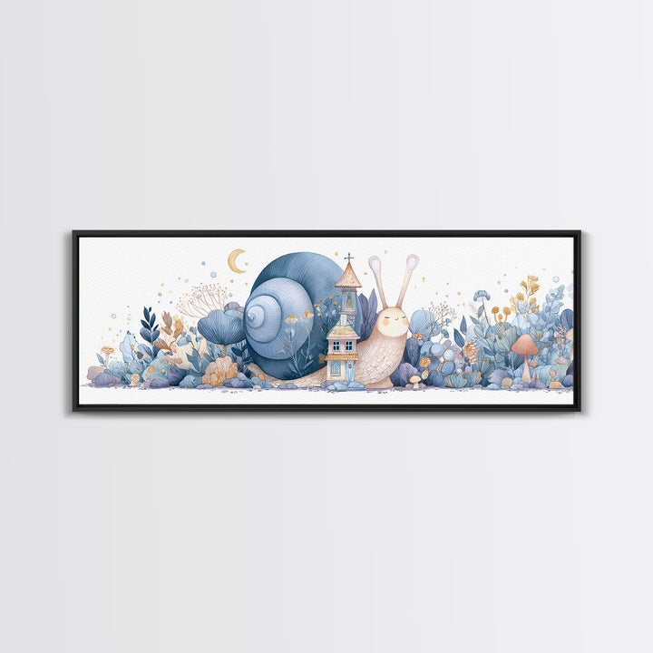 Garden Snail with Mushroom House Framed Canvas Print, Nursery Decor, Nursery, Fine Art, Nursery, Baby Girl Nursery Decor, NDE-3x1-87