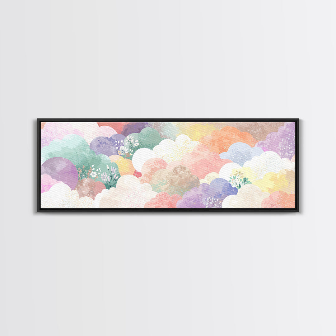 Pastel Rainbow with Soft Cloud Shapes Framed Canvas Print, Nursery Decor, Boho Decor, Fine Art, Nursery, Nursery Wall Art, NDE-3x1-89