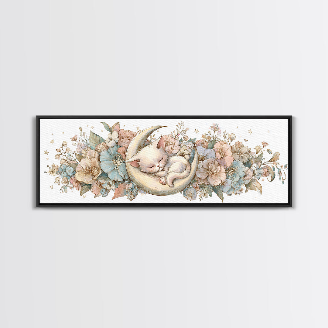 Sleeping Kitten on Crescent Moon Framed Canvas Print, Nursery Decor, Nursery Prints, Fine Art, Nursery, Nursery Wall Decal, NDE-3x1-9
