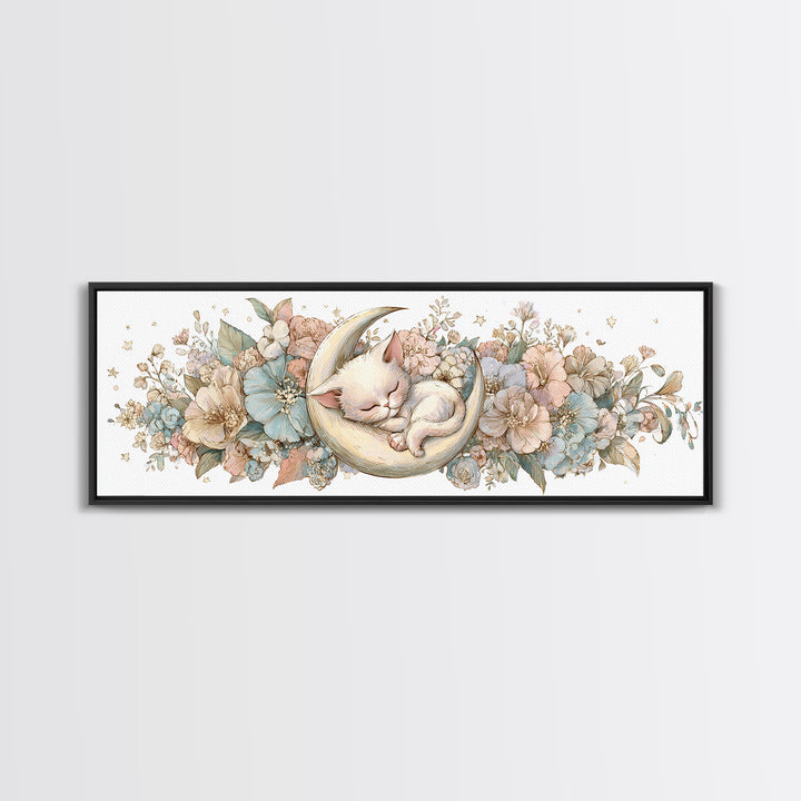 Sleeping Kitten on Crescent Moon Framed Canvas Print, Nursery Decor, Nursery Prints, Fine Art, Nursery, Nursery Wall Decal, NDE-3x1-9