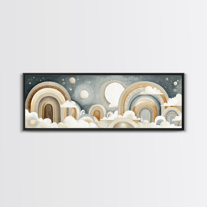 Neutral Boho Sun and Arch Shapes Framed Canvas Print, Nursery Decor, Framed Wall Art, Fine Art, Nursery, Safari Nursery Decor, NDE-3x1-99