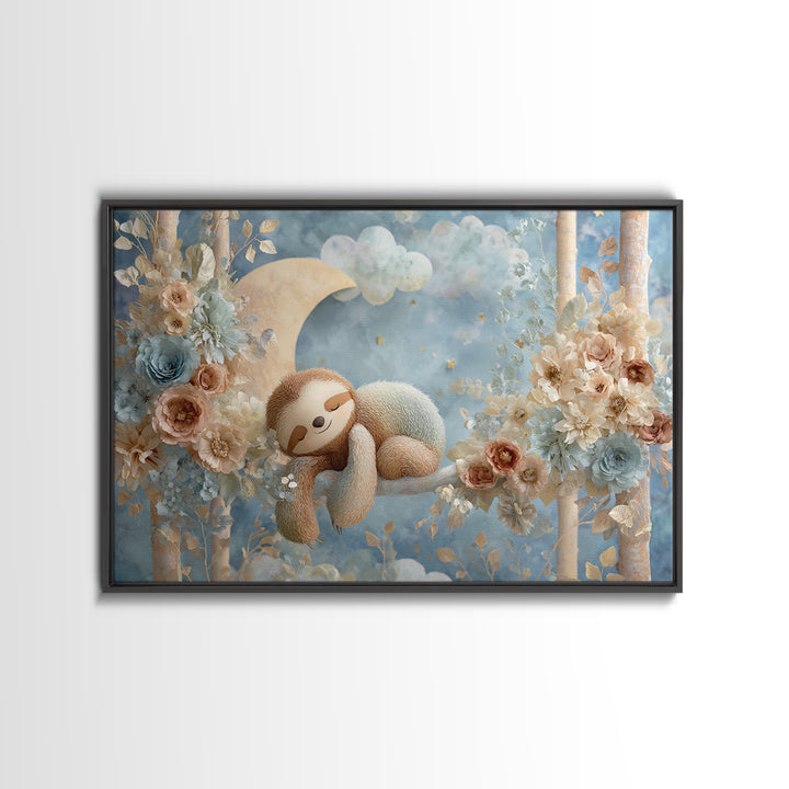 Sleepy Sloth Hanging from Branch Framed Canvas Print, Nursery Decor, Playroom Decor, Oil Painting, Nursery, Boy Nursery Decor, NDE-3x2-10