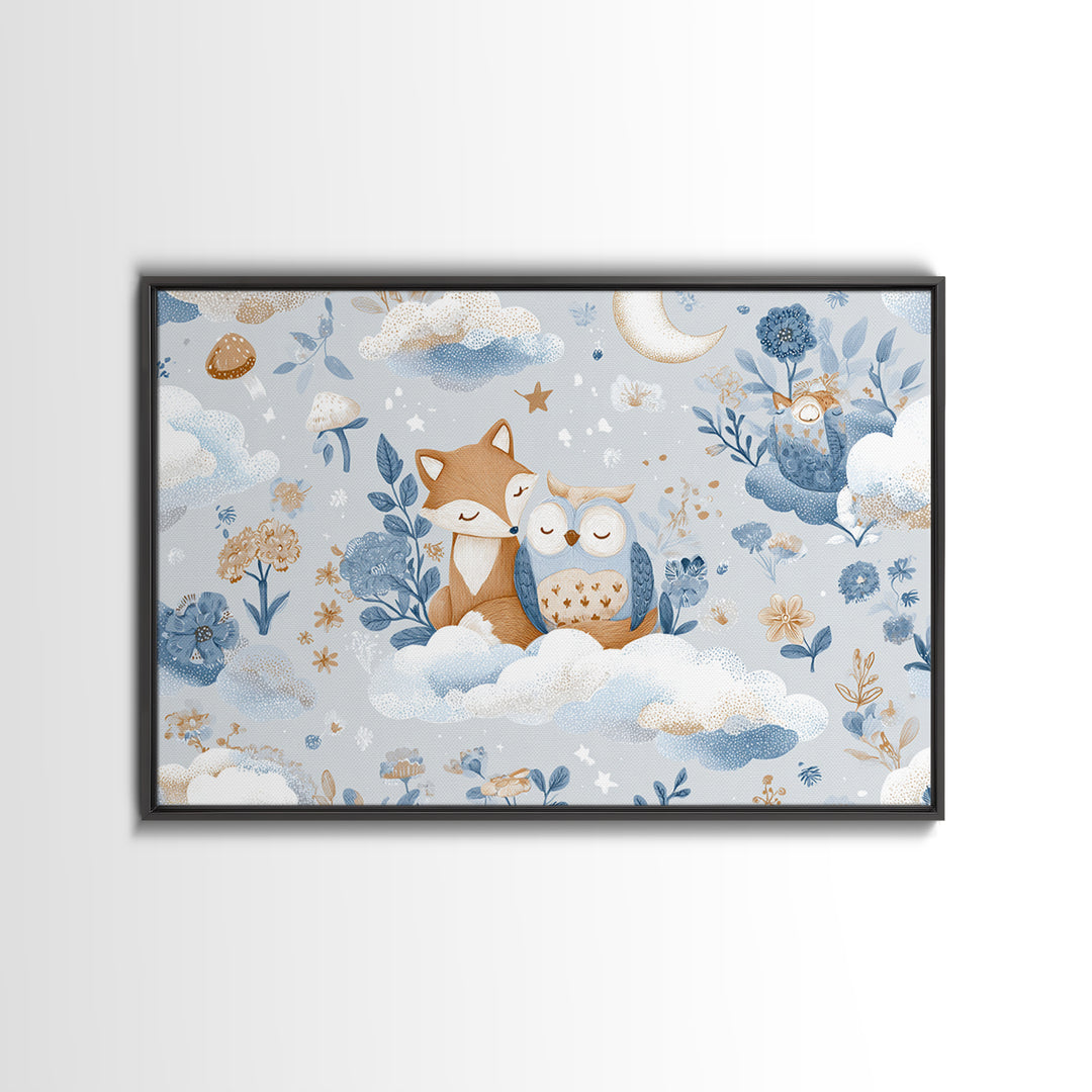 Fox and Owl Friends Framed Canvas Print, Nursery Decor, Nursery Art, Fine Art, Nursery, Kids Wall Art, Nursery Wall Decals, NDE-3x2-18