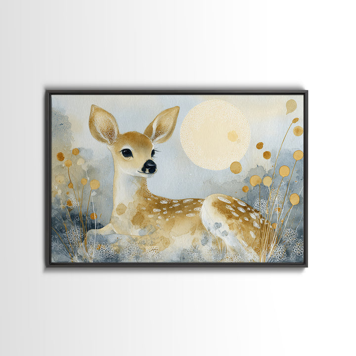 Baby Deer in Meadow with Fireflies Framed Canvas Print, Nursery Decor, Wall Decal, Nursery, Wall Light, Girl Nursery Decor, NDE-3x2-2