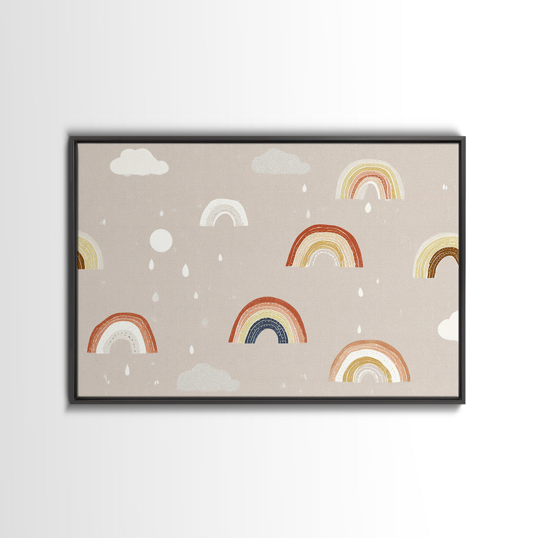 Cloud Rainbow and Raindrop Composition Framed Canvas Print, Nursery Decor, Nursery Name Sign, Fine Art, Nursery, Luxury Decor, NDE-3x2-24