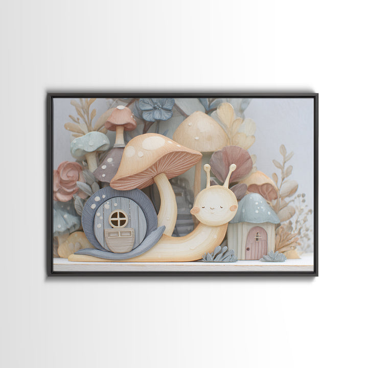 Garden Snail with Mushroom House Framed Canvas Print, Nursery Decor, Gallery Decor, Fine Art, Nursery, Wall Art, Home Decor, NDE-3x2-27