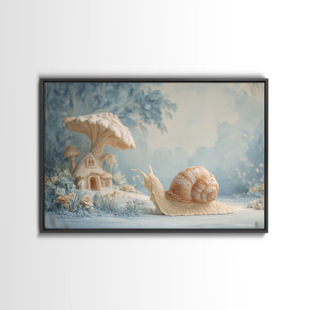Garden Snail with Mushroom House Canvas Print, Nursery Decor, Nursery Name Sign, Fine Art, Nursery, Luxury Decor, Room Decor, NDE-3x2-3