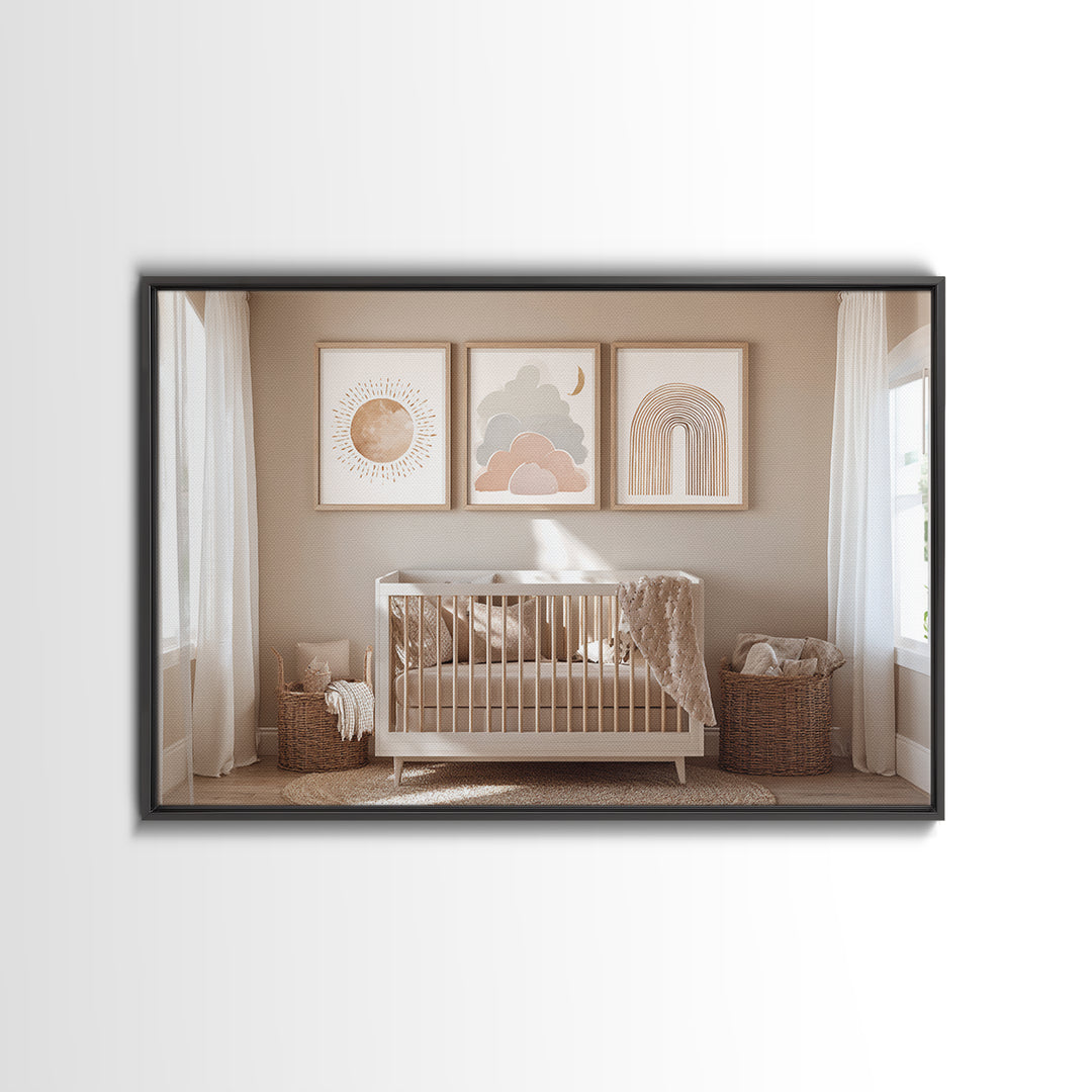 Neutral Boho Sun and Arch Shapes Framed Canvas Print, Nursery Decor, Contemporary Art, Abstract Art, Nursery, Wall Decals, NDE-3x2-39