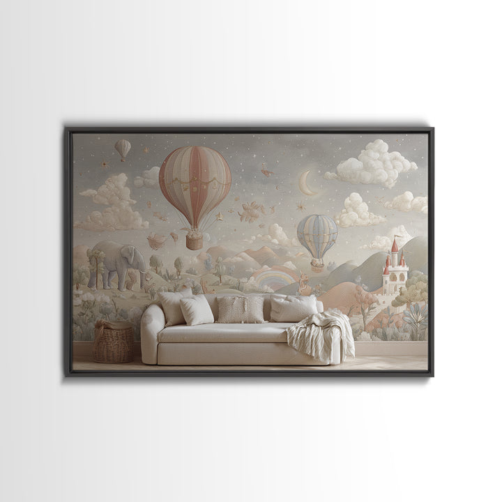 Hot Air Balloon Drifting Framed Canvas Print, Nursery Decor, Nursery Wall Decal, Oil Painting, Nursery, Minimalist Decor, NDE-3x2-40