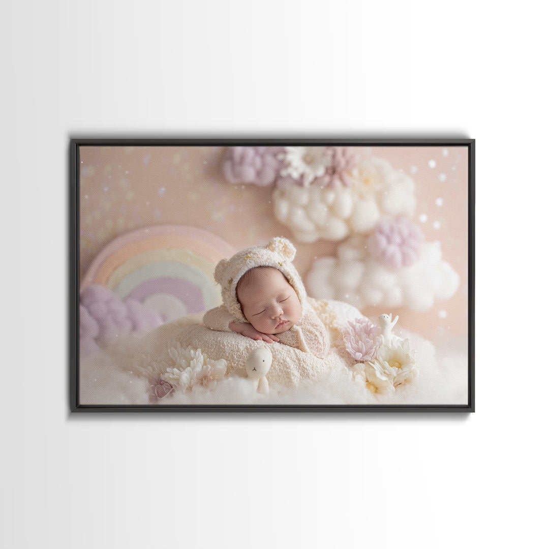 Cloud Rainbow and Raindrop Composition Canvas Print, Nursery Decor, Gallery Decor, Fine Art, Nursery, Wall Art, Home Decor, NDE-3x2-48