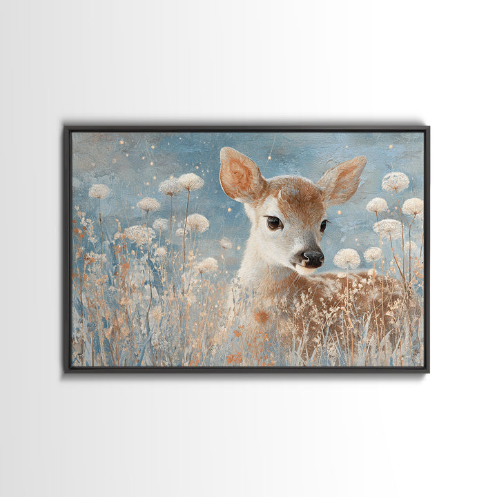 Baby Deer in Meadow with Fireflies Framed Canvas Print, Nursery Decor, Floral Wallpaper, Fine Art, Nursery, Fine Art Print, NDE-3x2-50