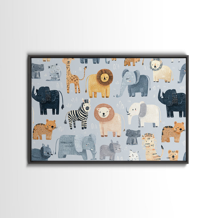 Cute Safari Animals Canvas Print, Nursery Decor, Room Decor, Fine Art, Nursery, Framed Wall Art, Bedroom Decor, Wall Decal, NDE-3x2-56
