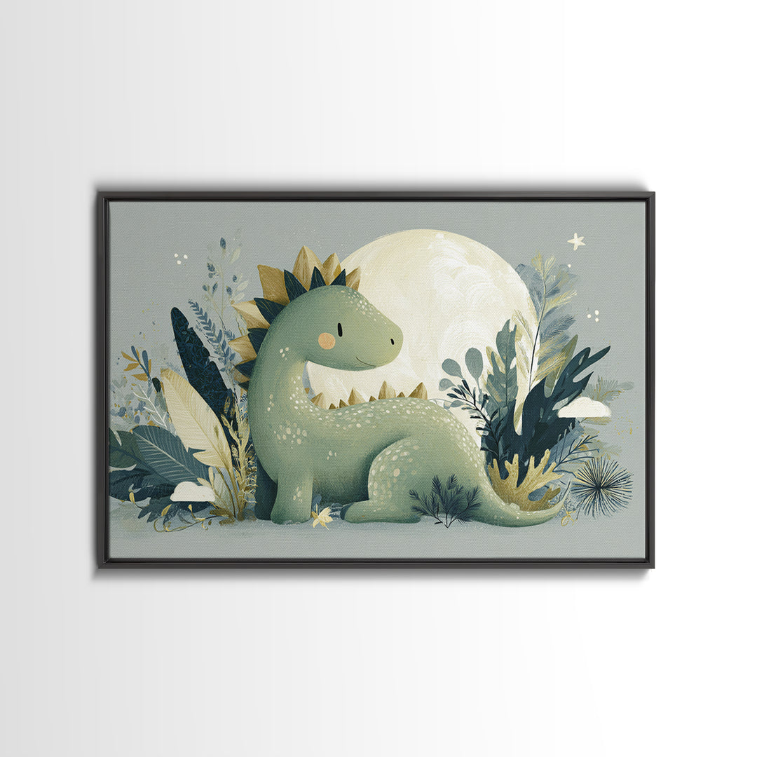 Gentle Dinosaur Family Framed Canvas Print, Nursery Decor, Nursery Wall Art, Oil Painting, Nursery, Botanical Wall Art, NDE-3x2-59