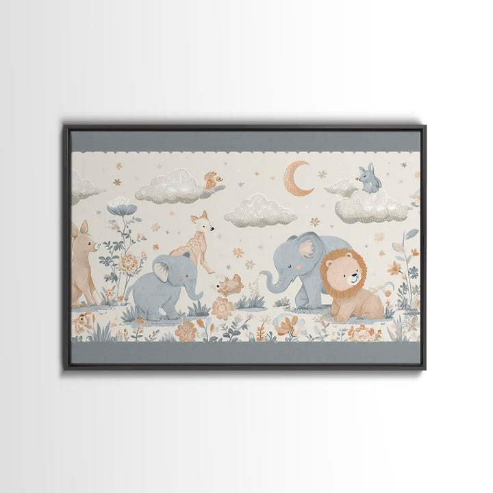 Woodland Animal Parade Framed Canvas Print, Nursery Decor, Nursery Prints, Nursery, Nursery Wall Decal, Boy Nursery Decor, NDE-3x2-6
