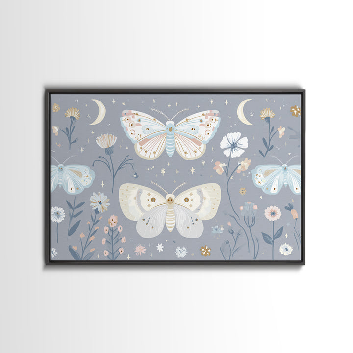 Pastel Butterfly and Wildflower Pattern Canvas Print, Nursery Decor, Minimalist Decor, Oil Painting, Nursery, Wall Decals, NDE-3x2-68