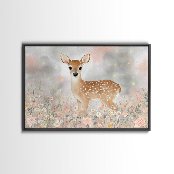 Baby Deer in Meadow with Fireflies Framed Canvas Print, Nursery Decor, Floral Wallpaper, Fine Art, Nursery, Fine Art Print, NDE-3x2-74