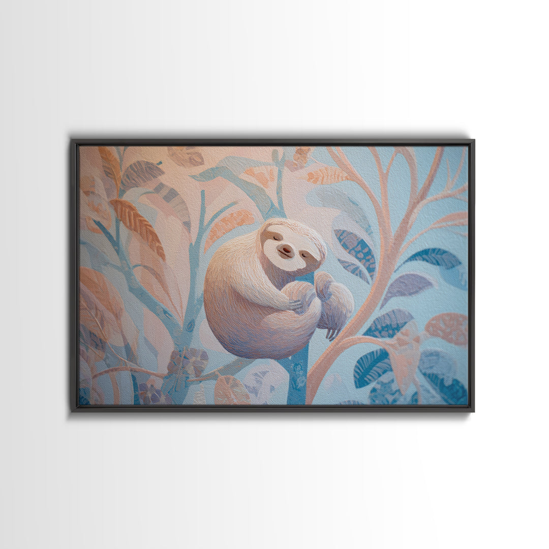 Sleepy Sloth Hanging from Branch Framed Canvas Print, Nursery Decor, Nursery Wall Decal, Watercolor Art, Nursery, NDE-3x2-82