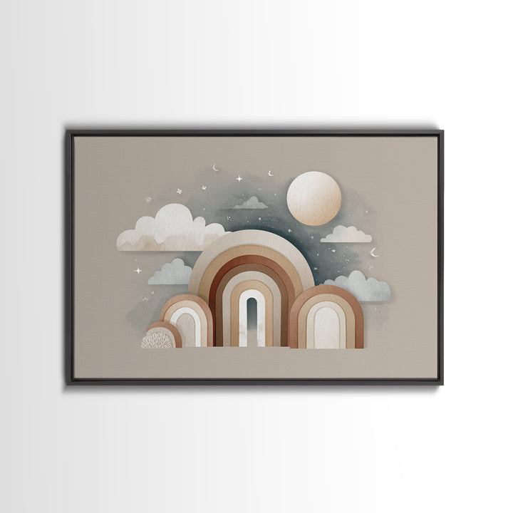 Neutral Boho Sun and Arch Shapes Framed Canvas Print, Nursery Decor, Wall Decor, Fine Art, Nursery, Woodland Nursery Decor, NDE-3x2-87