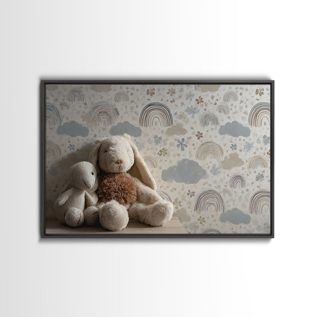 Cloud Rainbow and Raindrop Composition Framed Canvas Print, Nursery Decor, Canvas, Fine Art, Nursery, Playroom Decor, NDE-3x2-96