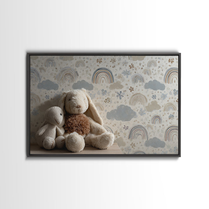 Cloud Rainbow and Raindrop Composition Framed Canvas Print, Nursery Decor, Canvas, Fine Art, Nursery, Playroom Decor, NDE-3x2-96