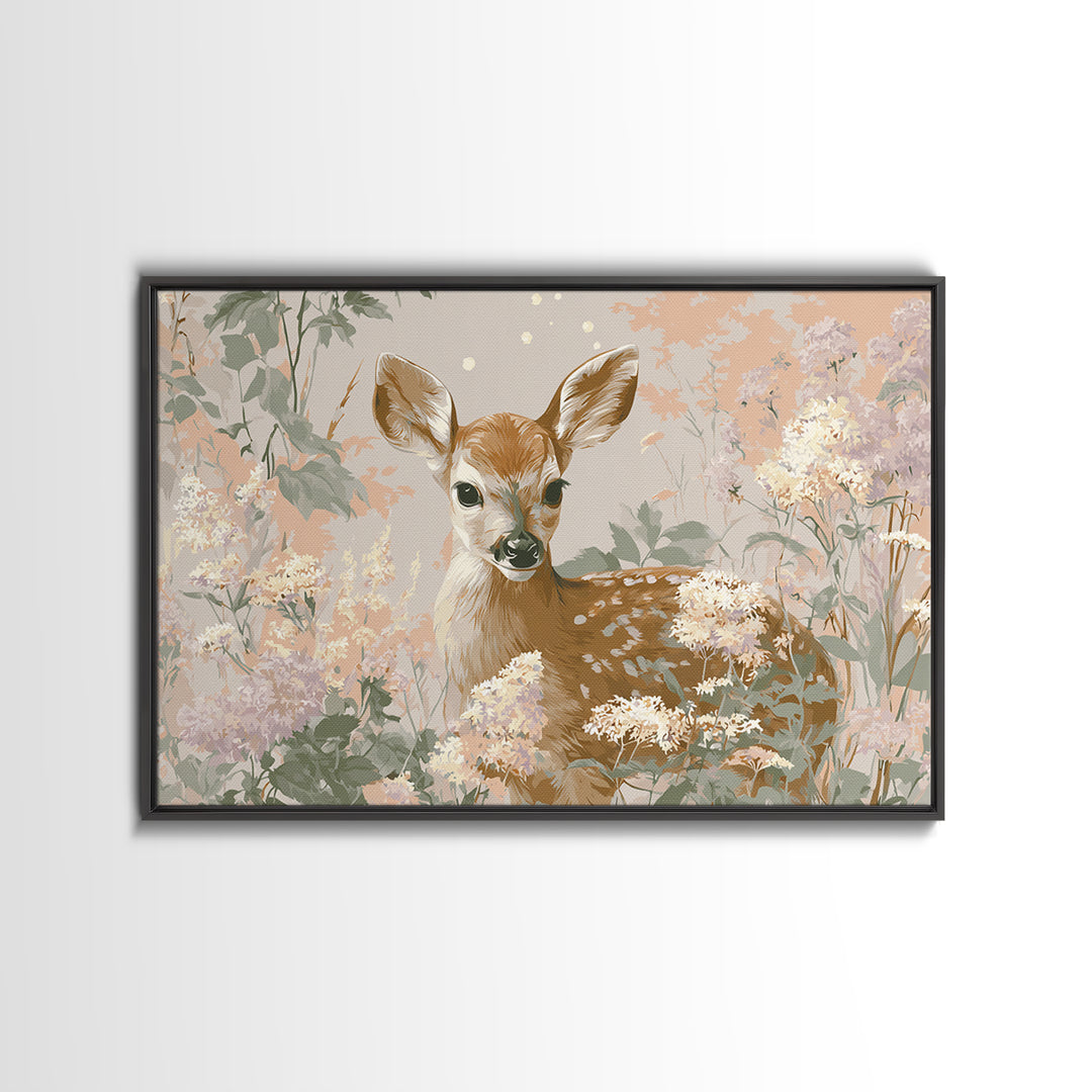 Baby Deer in Meadow with Fireflies Canvas Print, Nursery Decor, Nursery Wall Decals, Oil Painting, Nursery, Textured Painting, NDE-3x2-98