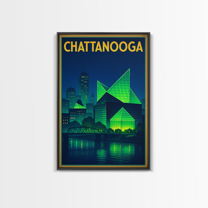 Chattanooga Travel Poster, Framed Canvas Print, Retro Neon Travel Art, Chattanooga City Art, Travel Wall Art, City Illustration