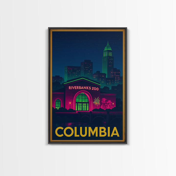 Columbia Travel Poster, Framed Canvas Print, Electric Night Poster Art, Columbia Travel Art, Travel Wall Decor, City Illustration