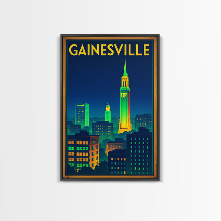 Gainesville Travel Poster, Canvas Print, Electric Night Poster Art, Gainesville Travel Art, Travel Wall Art, Watercolor Urban Skyline