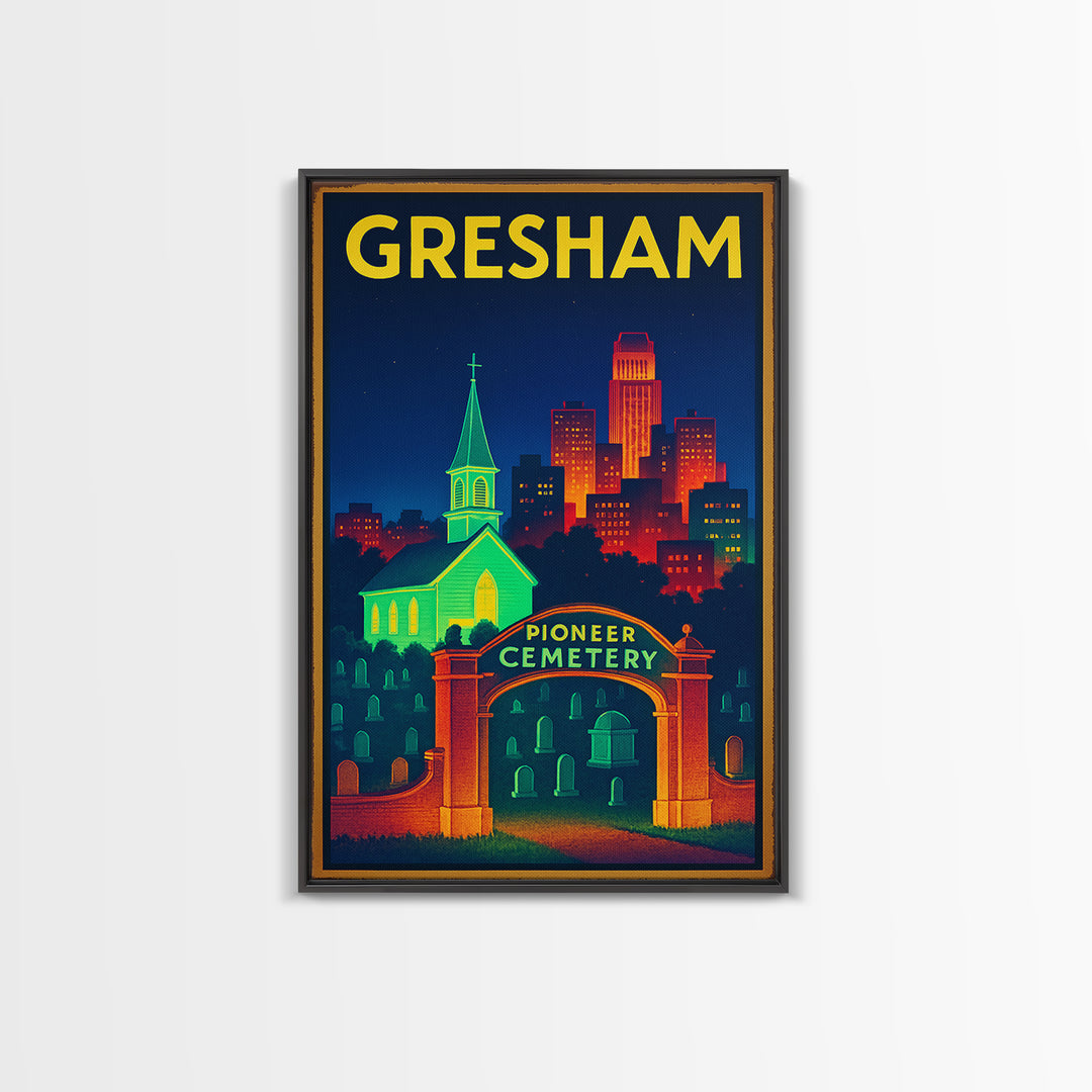 Gresham Travel Poster, Framed Canvas Print, Electric Night Poster Art, Gresham Poster Print, Vintage City Art, City Art Print, Design 2