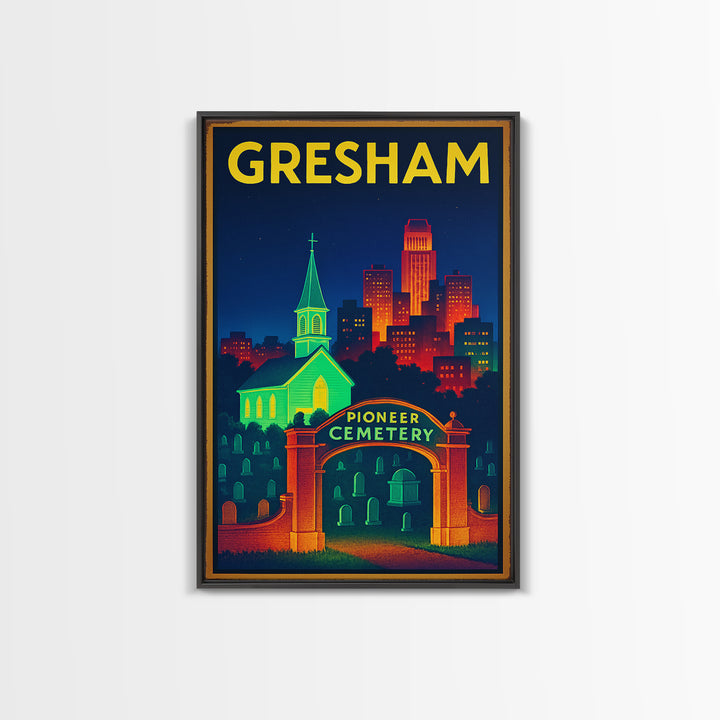 Gresham Travel Poster, Framed Canvas Print, Electric Night Poster Art, Gresham Poster Print, Vintage City Art, City Art Print, Design 2