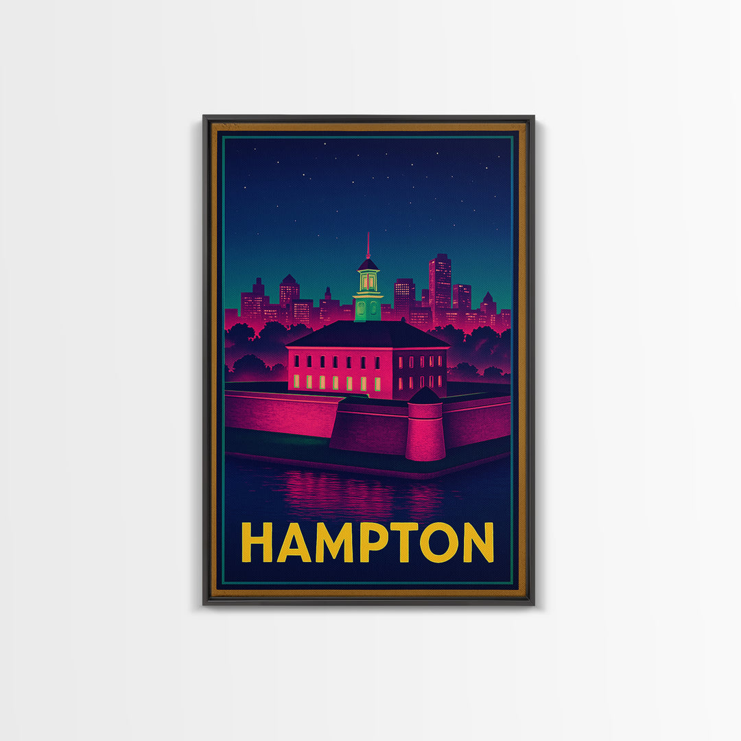 Hampton Virginia Travel Poster, Canvas Print, Retro Neon Travel Art, Hampton City Art, Travel Wall Art, Modern Wall Decor, Wall Art