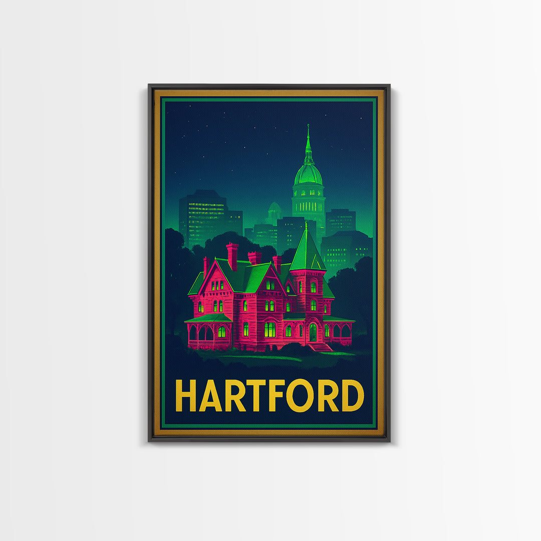 Hartford Connecticut Travel Poster, Canvas Print, Neon City Skyline Wall Art, Hartford Art Print, Wall Decor, Travel Art, Travel Print