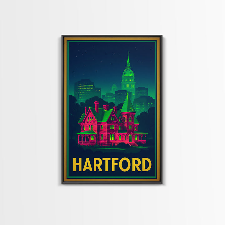 Hartford Connecticut Travel Poster, Canvas Print, Neon City Skyline Wall Art, Hartford Art Print, Wall Decor, Travel Art, Travel Print